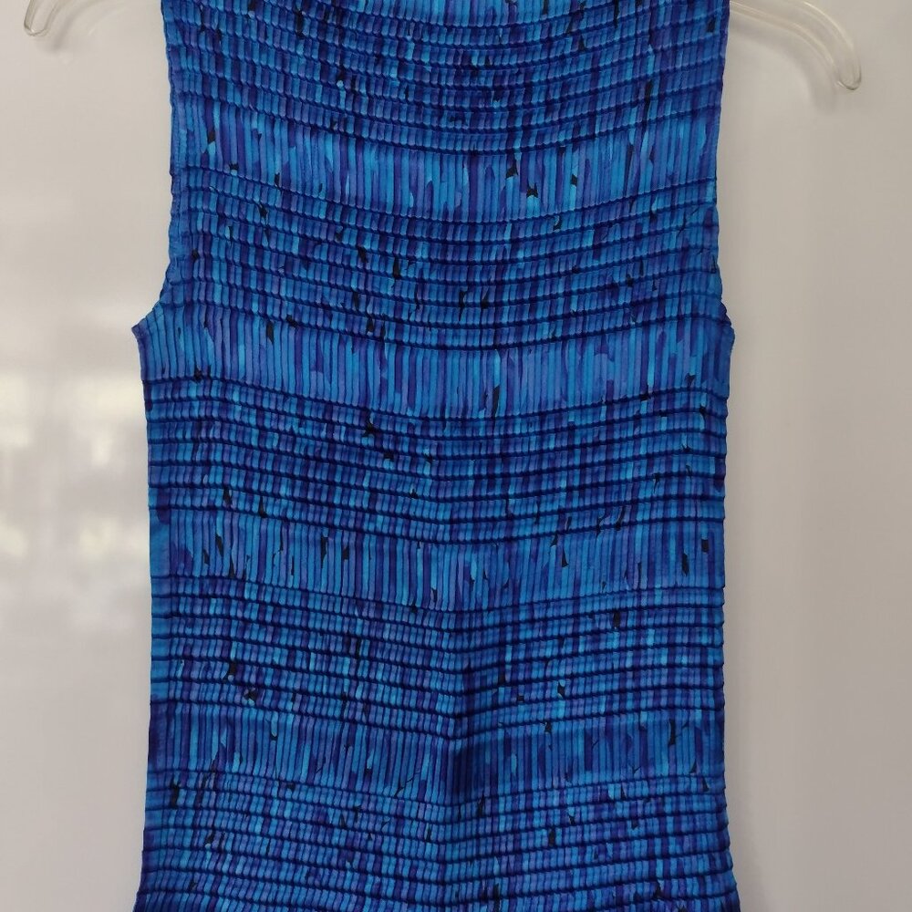 Vintage Nicola Cobalt Blue Shiny Pleated Crinkle Sleeveless Top